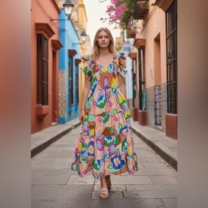 SOFIA ITALY POPLIN COTTON MULTI COLOR PARTY OFF SHOULDER SUNDRESS EUC SM